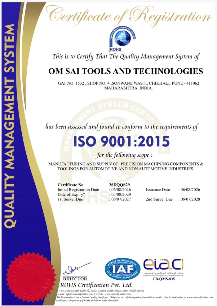 The ISO 9001:2015 certificate issued to Om Sai Tools and Technologies, certificate number 26DQQS29